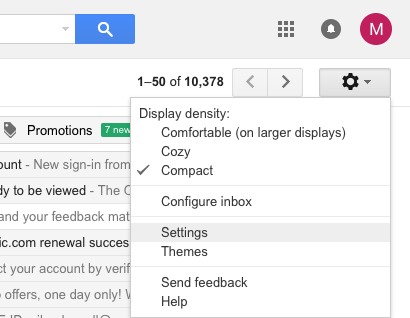 picture of settings in Google Mail