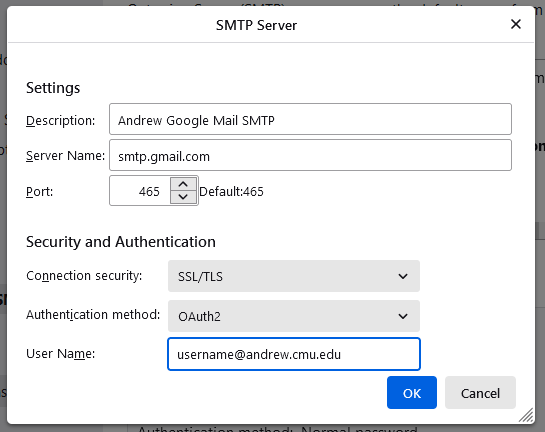 SMTP Server pop up with description, server name, port, connection security, authentication method, and user name fields.