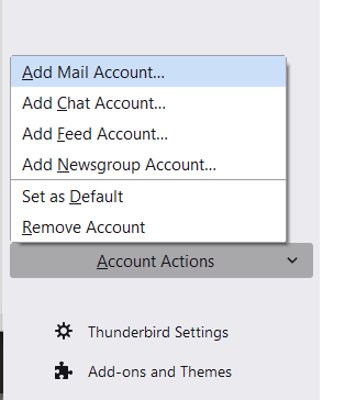 Account Actions menu highlighting Add Mail Account