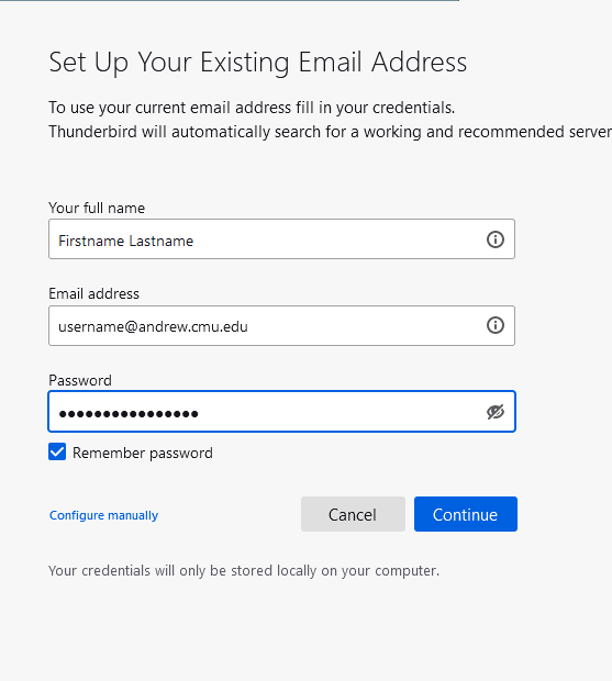 Setup Up Your Existing Email Address screen with name, email address and password fields populated and a configure manually link  to the left of Cancel and Continue buttons.