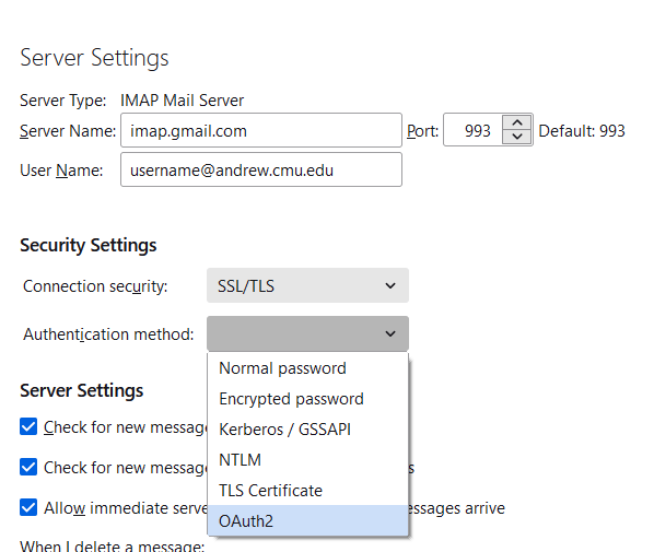 server settings window with server name, username, port, connection security and authentication method fields.