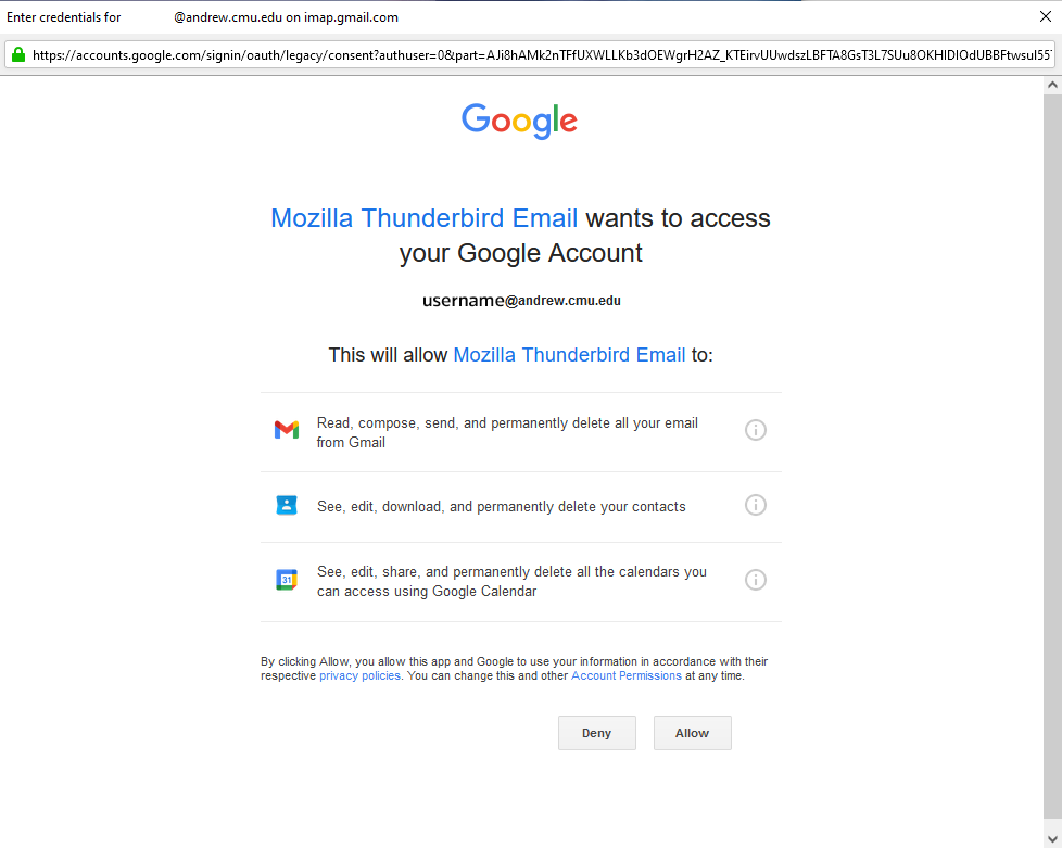 Google permission approval screen