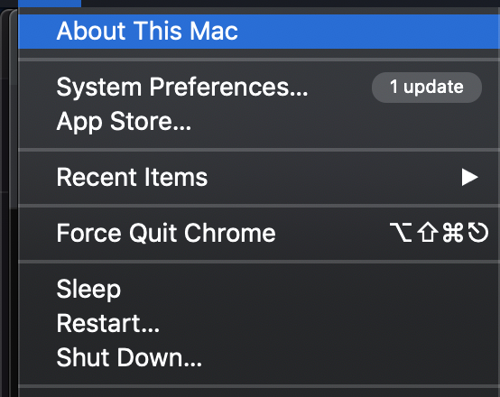 screenshot of open apple menu selecting the option: about this mac