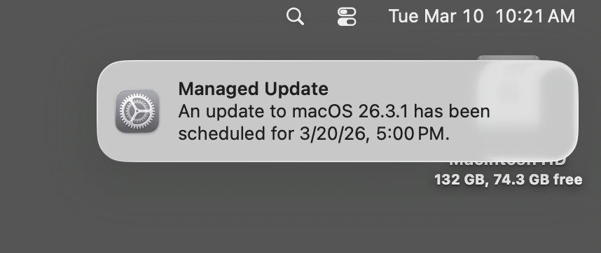 Prompt for the required managed update on the Sequoia OS