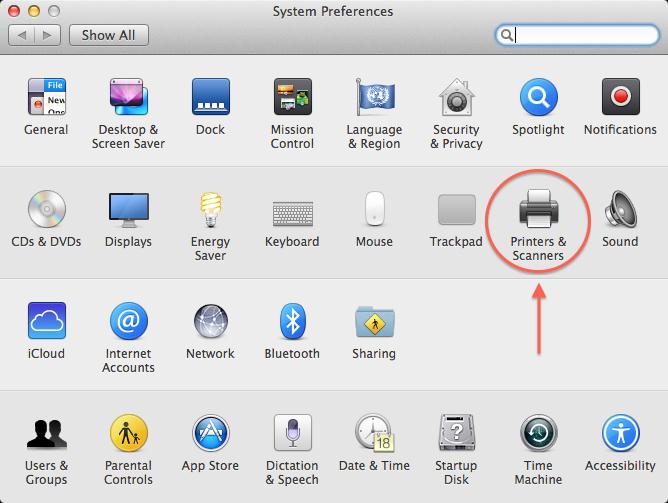 Screenshot of System preferences window highlighting to click on Printers and Scanners 