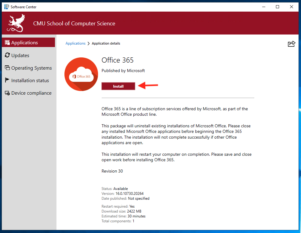 Software Center Office 365 Detail Page