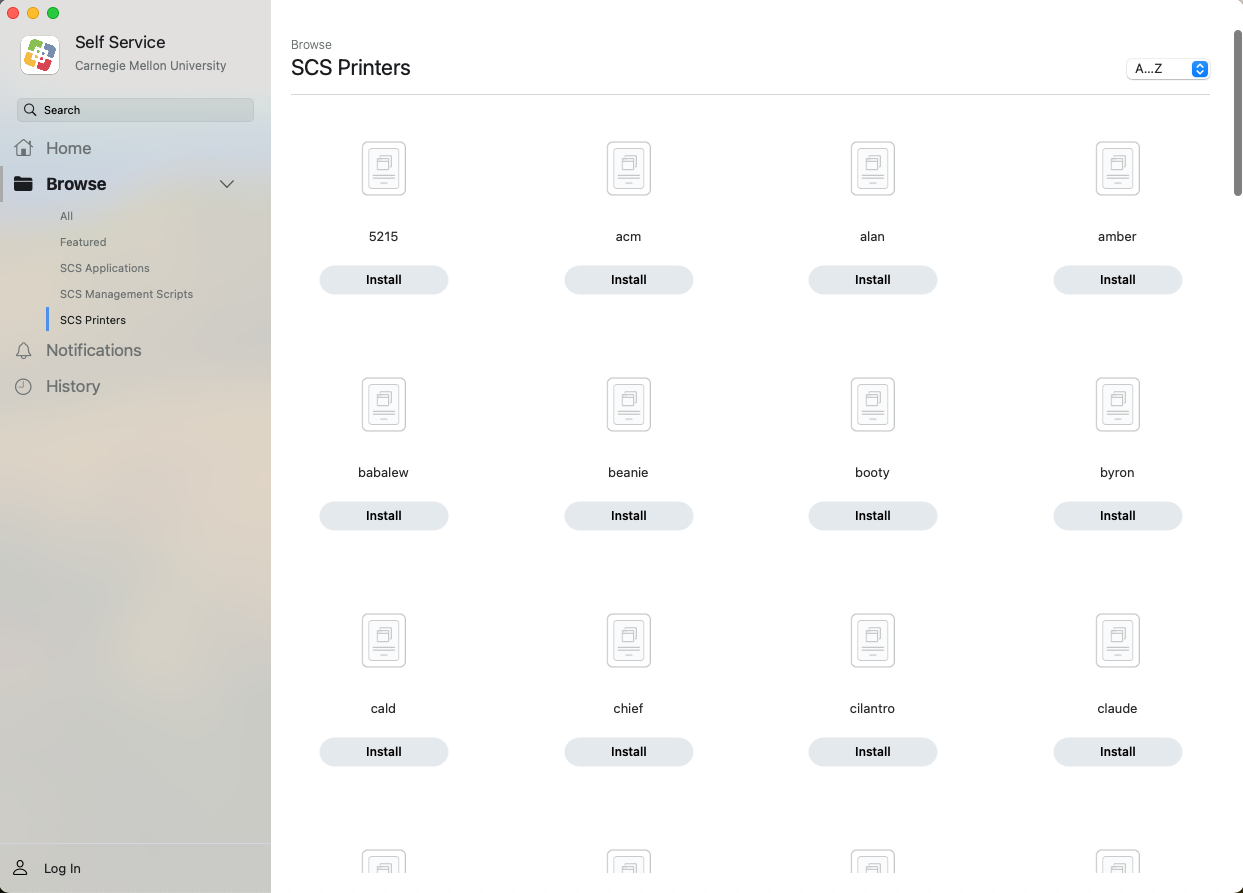 screenshot of main self service window with SCS Printers selected