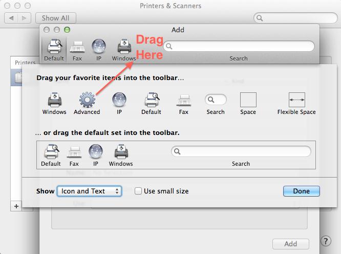 Screenshot of toolbar options, drag Advanced (Gear Icon) to the toolbar. 