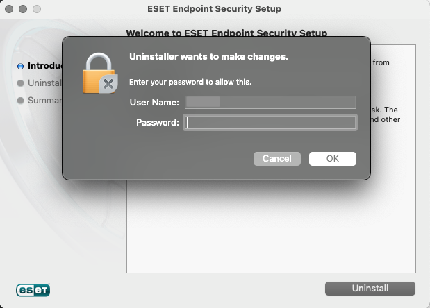 Screenshot of Uninstaller authentication window enter mac username and password