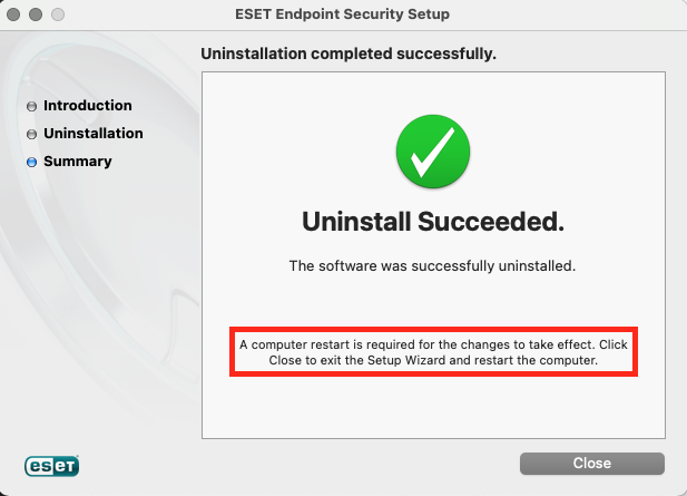 Screenshot of uninstallation complete - prompt to restart computer.