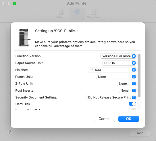 Screenshot of printer add options, finishing details
