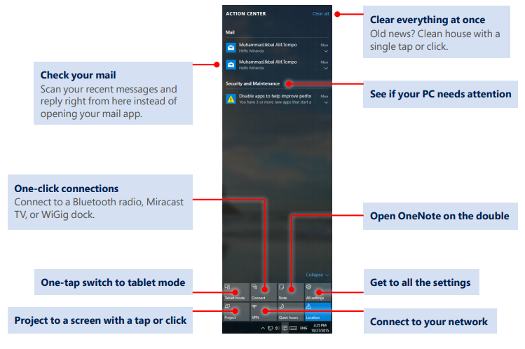 action center and notifications - explained in text copy
