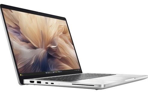 Side-facing picture of dell pro 14 laptop with screen open.