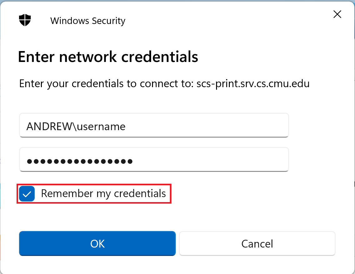 Screenshot of windows security window with credentials entered, selecting the Remember my credentials option.