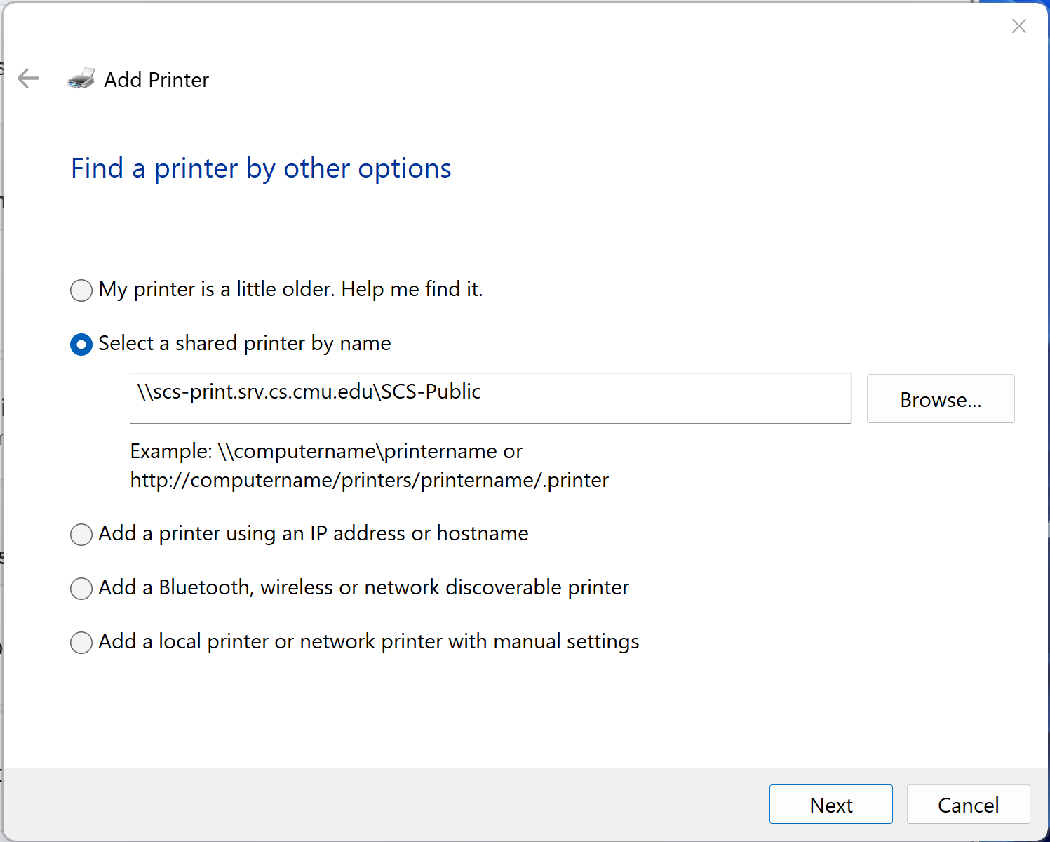 Screenshot of Add Printer screen and selection of  Select a shared printer by nameName
