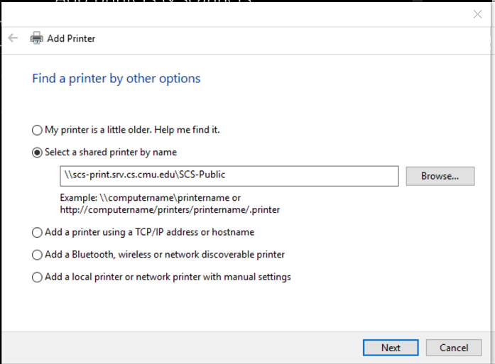 Screenshot of Add Printer screen and selection of  Shared Printer Name