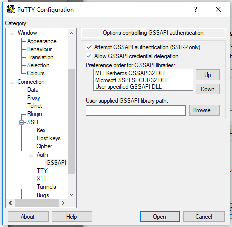 putty settings window showing ssh options enabling gssapi credential delegation