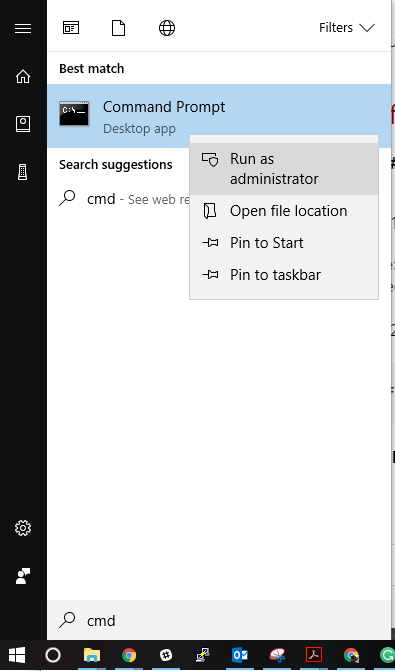 Screenshot of Start Menu, search for CMD, right click