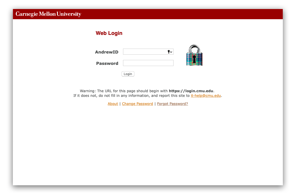 Andrew Shibboleth login screen, with plaid padlock