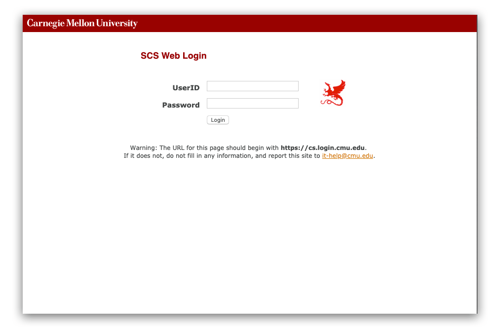 SCS Shibboleth login screen, with red dragon logo