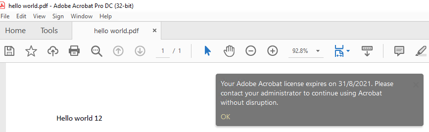 screenshot of adobe acrobat expiration notice pop-up.