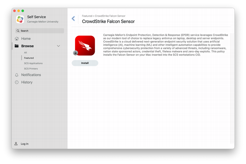 The Crowdstrike app description in the mac self service software app store.